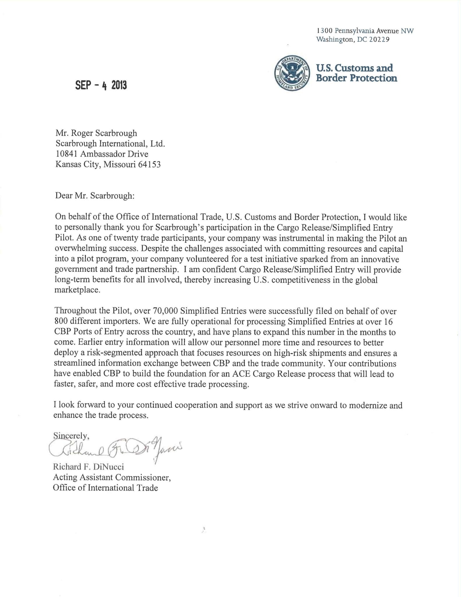 Cbp Filer Code Letter Example U.S. Customs and Border Protection thanks Scarbrough
